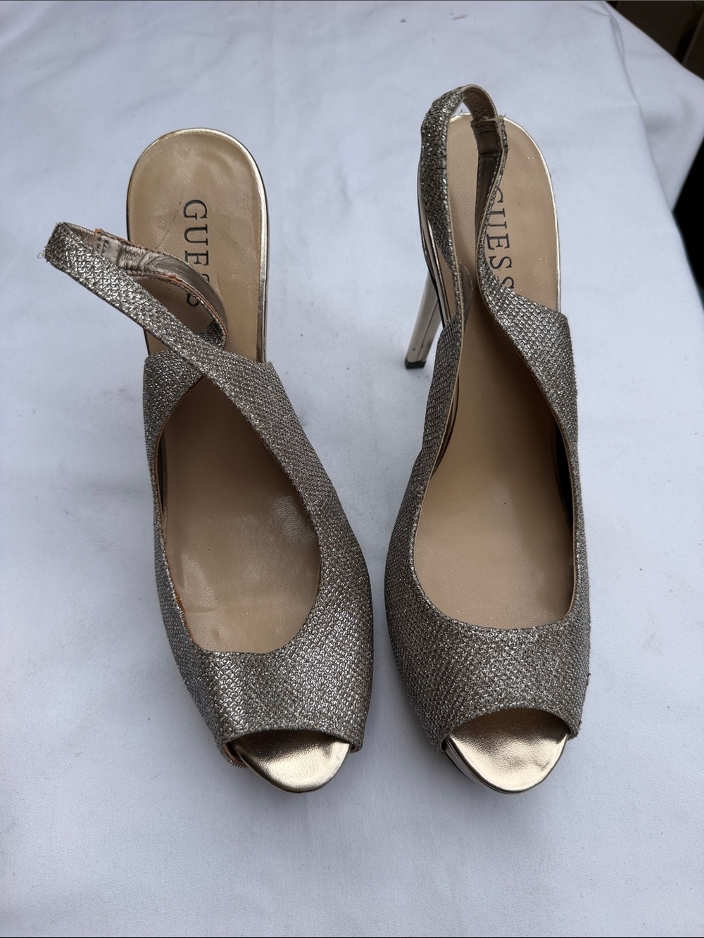 GUESS Metallic Gold Peep-Toe Slingback Heels